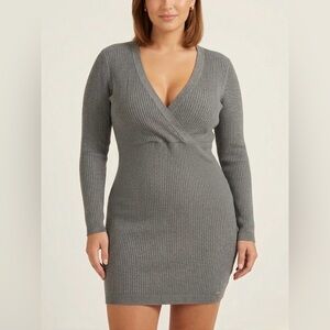 GUESS Grey Ribbed Knit V-Neck Empire Waist Long Sleeve Mini Dress XL Y2K 90s